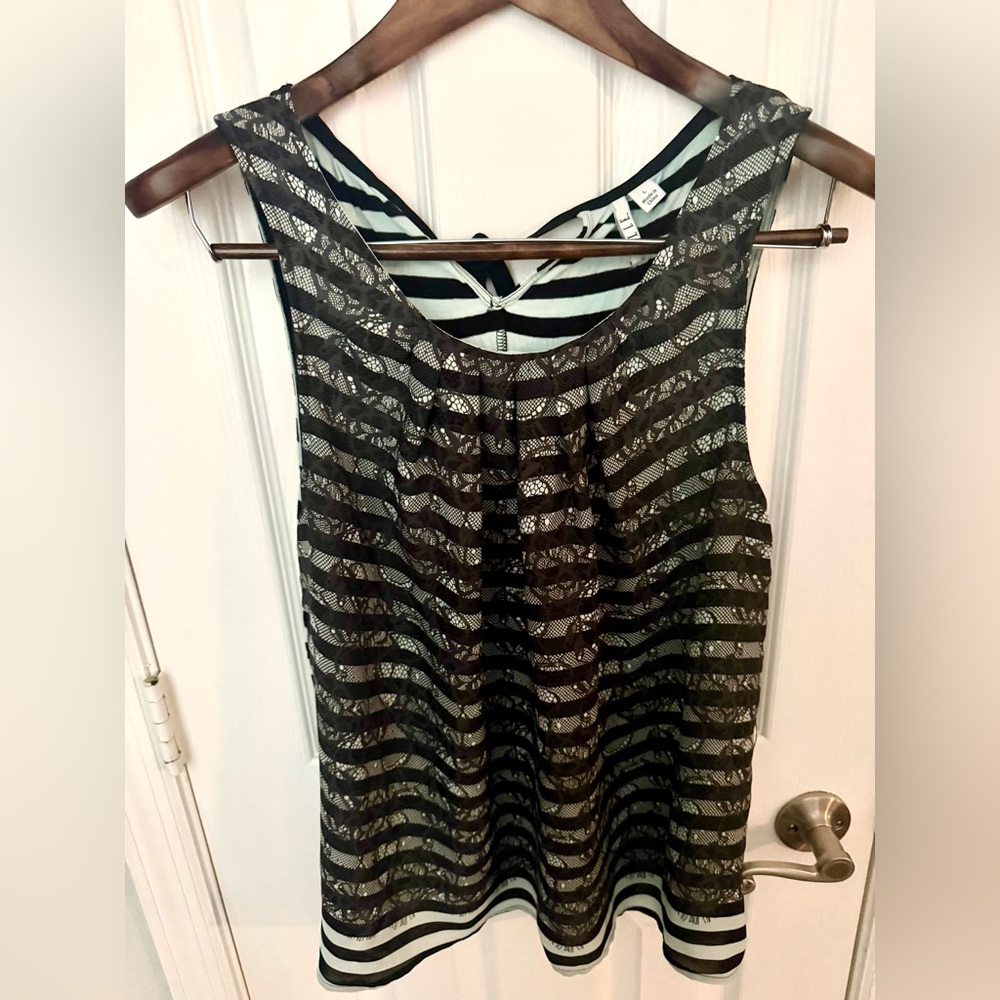 Elle Black Lace Striped Overlay Tank Top
